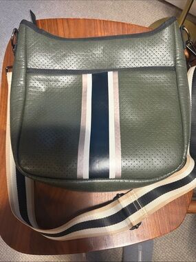 HAUTE SHORE Olive Green Perforated Crossbody with Navy & Cream Stripe